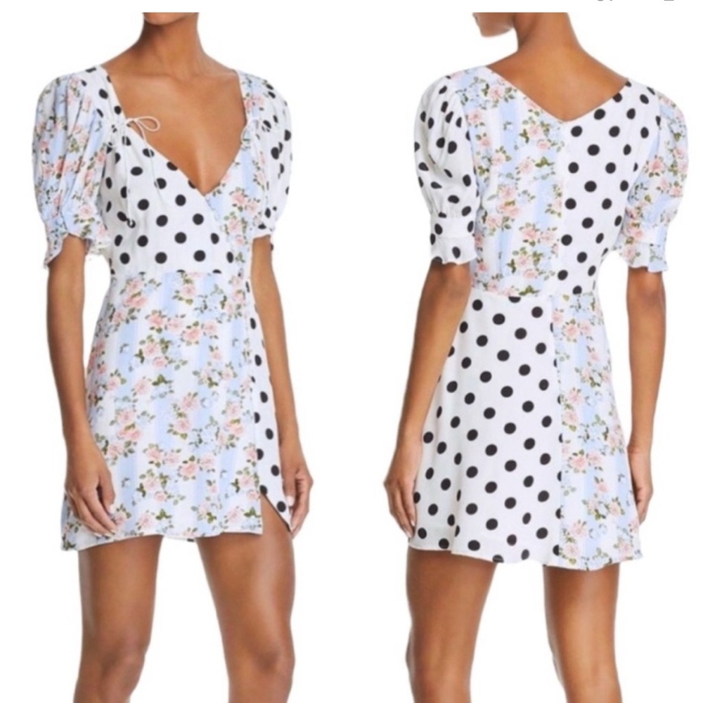 FOR LOVE & LEMONS Savannah Wrap Mini Dress Polka Dot Floral S